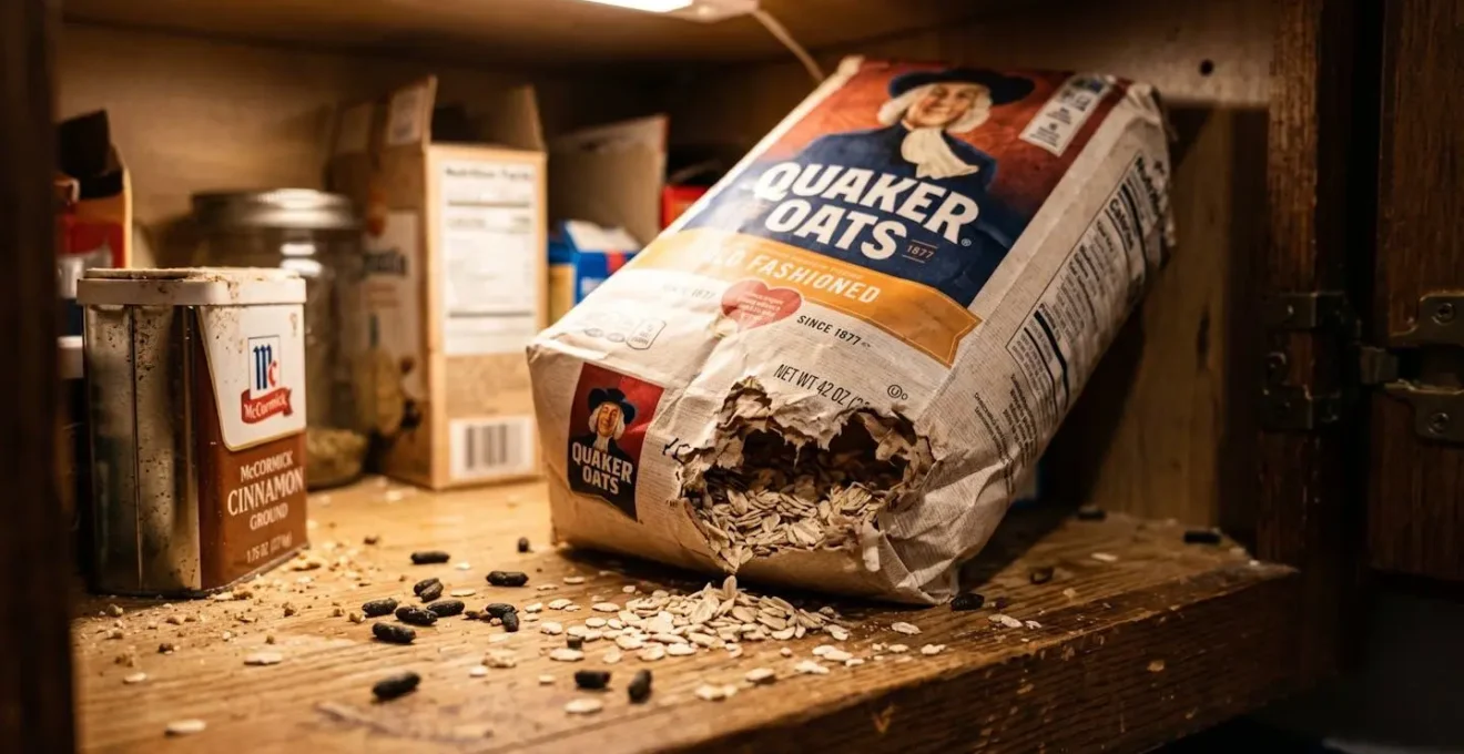 Gros plan sur des traces de morsures sur un sachet de nourriture et des crottes de souris sur une étagère de placard de cuisine