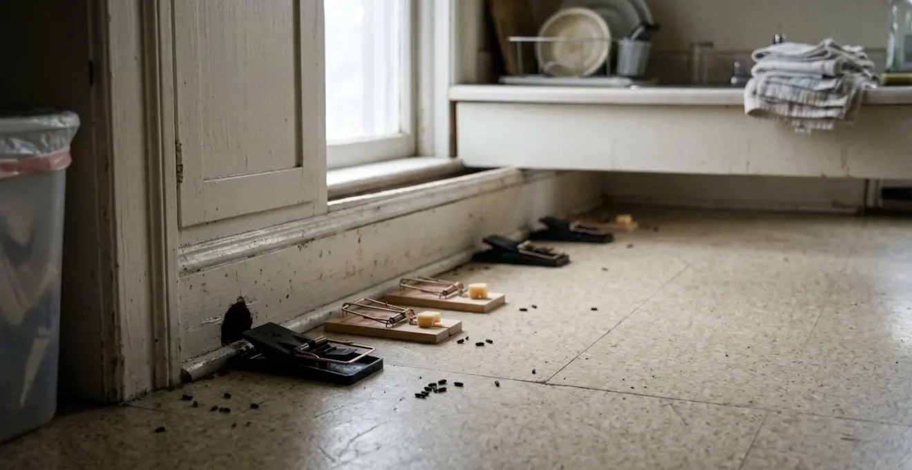 Tapettes à souris de supermarché disposées sur un sol de cuisine, restées inactives malgré des traces de passage de rongeurs visibles