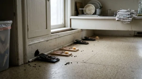 Tapettes à souris de supermarché disposées sur un sol de cuisine, restées inactives malgré des traces de passage de rongeurs visibles