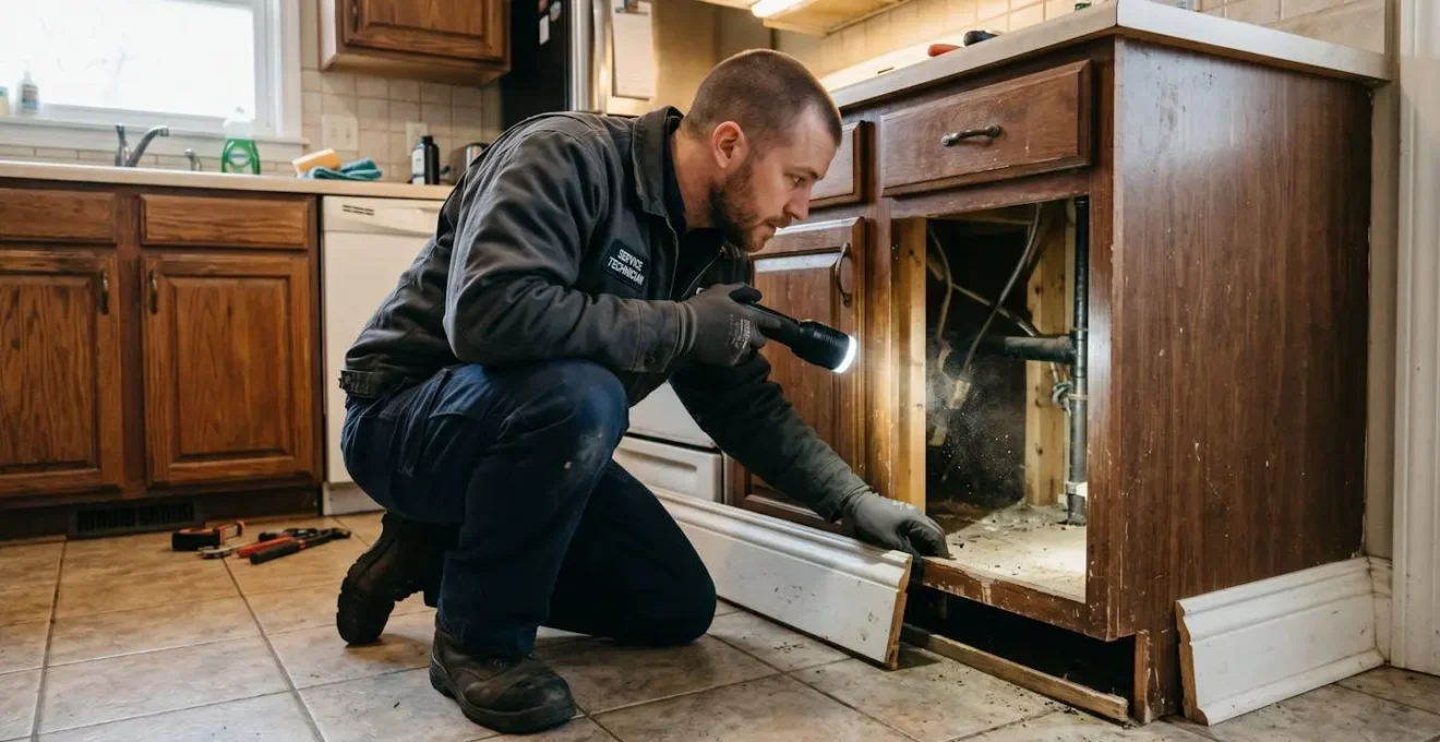 Technicien en combinaison inspectant l'arrière d'un placard de cuisine lors d'une intervention professionnelle de dératisation